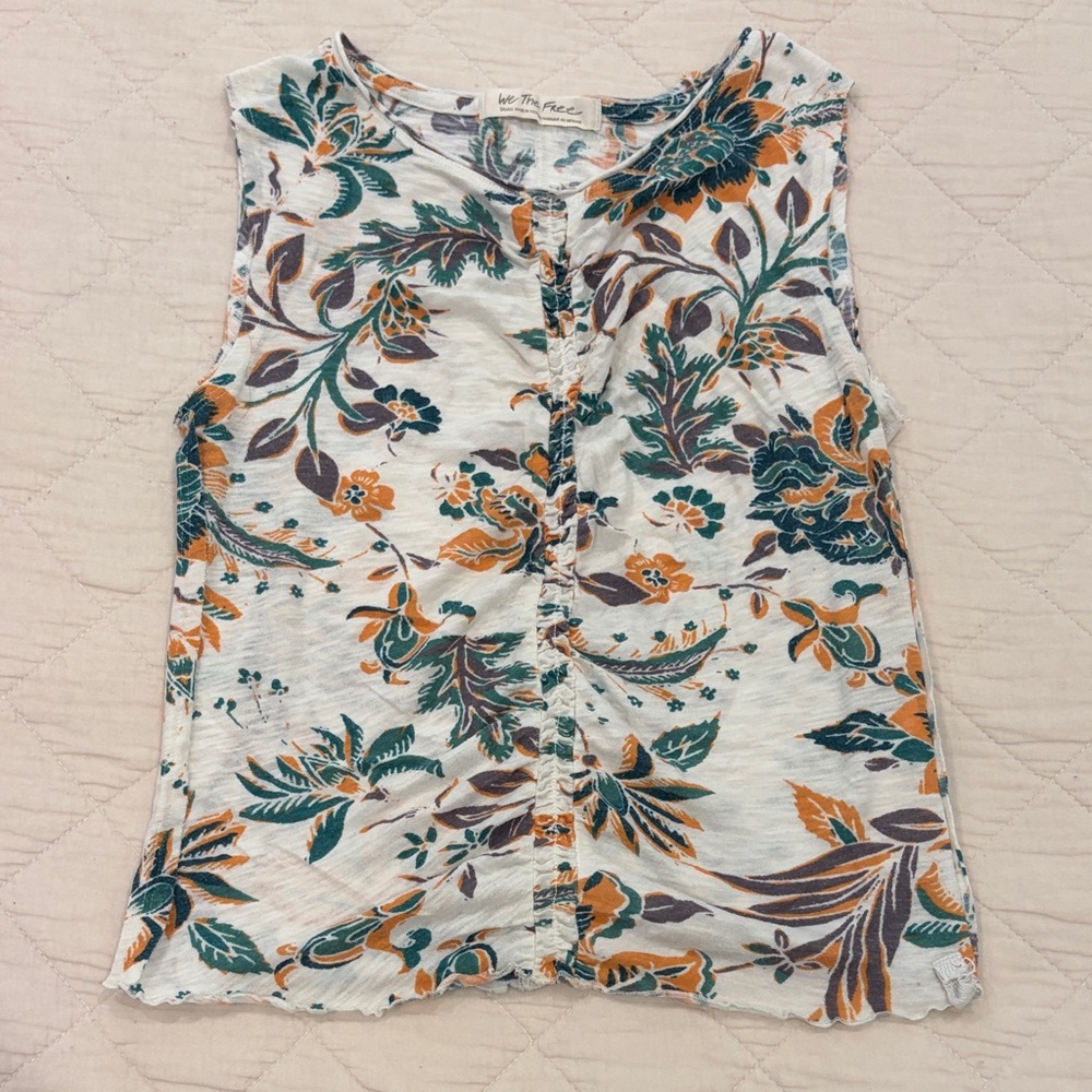 We The Free White Floral Tank Top with Teal and Mustard Print